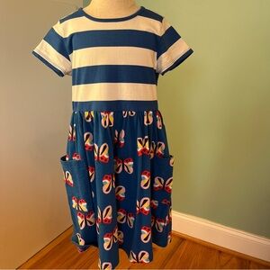 Hanna Andersson Sz 120 or 6-7. Blue and White Striped Dress with Bitterflies